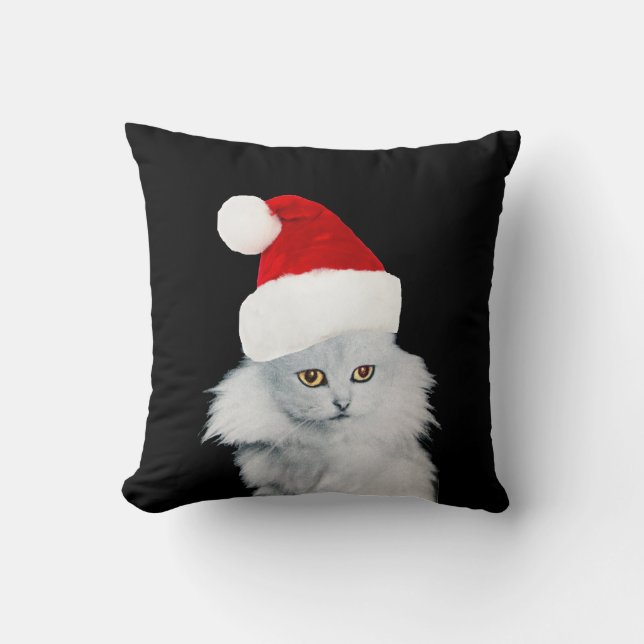 COUSSIN CHAT DE NOËL BLANC AVEC CASQUETTE SANTA CLAUS (Recto)