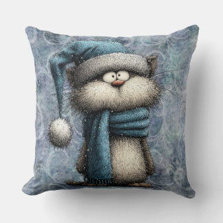 Coussin Chat de Noël bleu d'hiver avec chapeau et écharpe