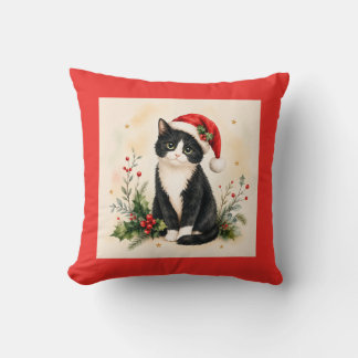 Coussin Chat de Noël en smoking avec chapeau de Père Noël