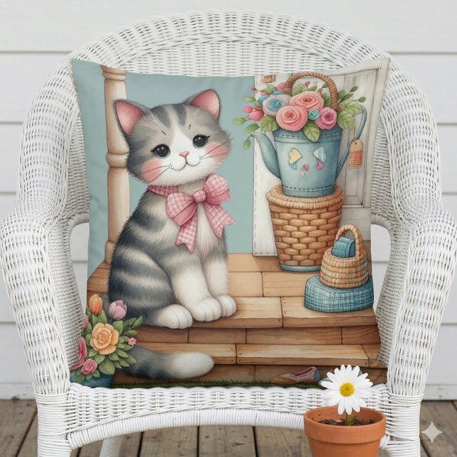 Coussin Chat de porche Scène florale patchwork (Porch Kitty Floral Patchwork Scene Throw Pillow Mockup A)