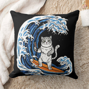 Coussin Chat de Surf sur une Vague Bleue Épique – Océan de