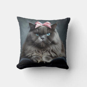 Coussin Chat désapprobateur : Chat gris duveteux avec noeu