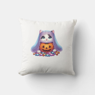 Coussin Chat d'Halloween avec Citrouille et Bonbon Manches