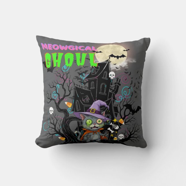 Coussin Chat d'Halloween "Meowgical Ghoul" sorcière Kitten (Recto)