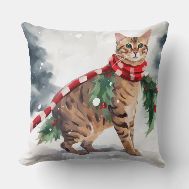 Coussin Chat du Bengale à Noël de neige (Recto)