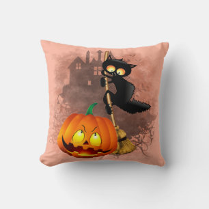 Coussin Chat effrayé par Citrouille Fun Halloween caractèr