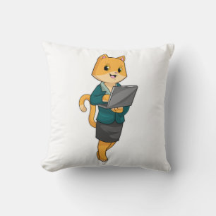 Coussin Chat en tant que secrétaire avec ordinateur portab
