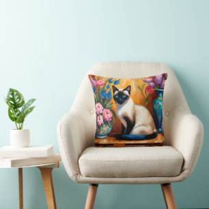 Coussin Chat et bouquets siamois dans Vases aquarelle