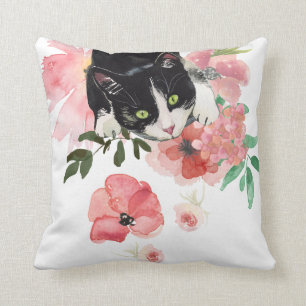 Coussin Chat et fleurs, carreau 16" x 16"