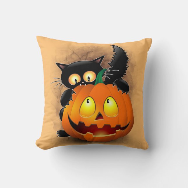 Coussin Chat Fun Halloween Caractère mordant un Citrouille (Recto)