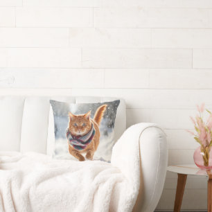 Coussin Chat-Gingembre Coureur Dans Les Snowflakes