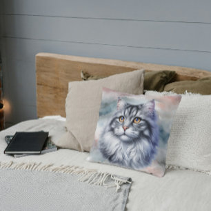 Coussin Chat gracieux à longs poils en aquarelle