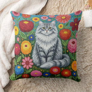 Coussin Chat gris rayé et duveteux avec des fleurs d'art p