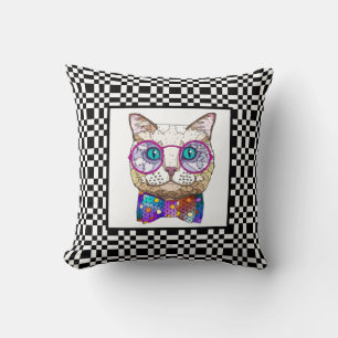 Coussin Chat Hipster mignon sur le tableau de bord B&W
