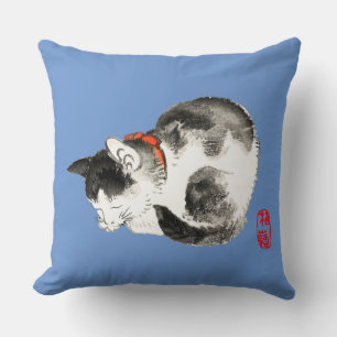 Coussin Chat japonais couché noir et blanc
