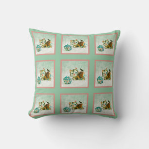 Coussin Chat Kitty vintage en Mint vert et rose