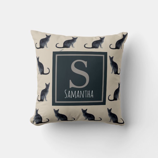 Coussin Chat Lady Taupe Aquarelle Noir Kitty Motif (Recto)