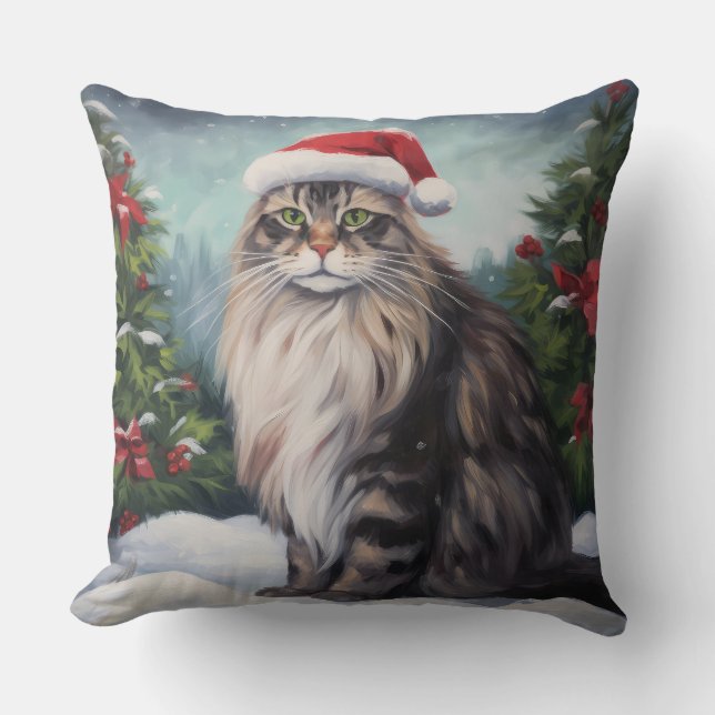 Coussin Chat Maine Coon à Noël de neige (Recto)