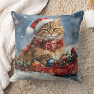 Coussin Chat Maine Coon en traîneau Laissez neige Noël
