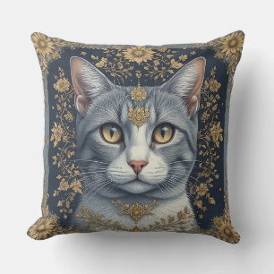 Coussin Chat majestueux avec des détails floraux dorés orn