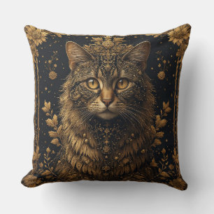 Coussin Chat majestueux avec des détails floraux dorés orn