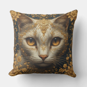 Coussin Chat majestueux avec des détails floraux dorés orn