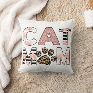 Coussin Chat Maman Rose Floral & Leopard Paw