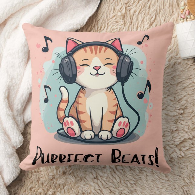 Coussin Chat mignon avec casque Kawaii Music Lover Art (Couverture)
