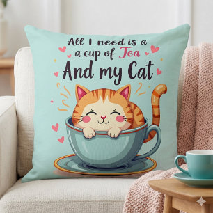 Coussin Chat Mignon dans Tasse de Thé Kawaii Art Douillet