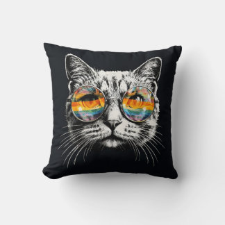 Coussin chat mode avec des lunettes arc-en-ciel