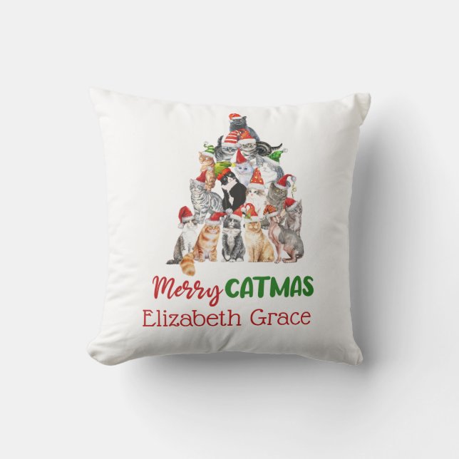 Coussin Chat Noël Arbre Joyeux Catmus Amoureux de les chat (Recto)