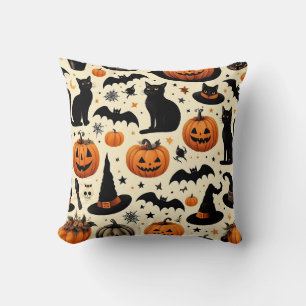 Coussin Chat noir à thème Halloween et Motif Citrouille