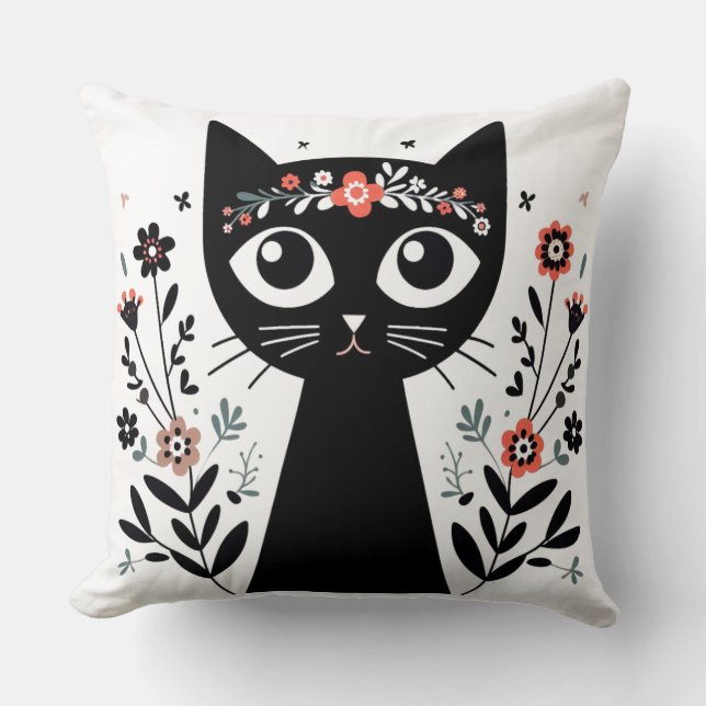 Coussin Chat noir aux grands yeux entouré de fleurs (Recto)