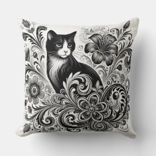 Coussin Chat noir avec motifs floraux dans l'art monochrom