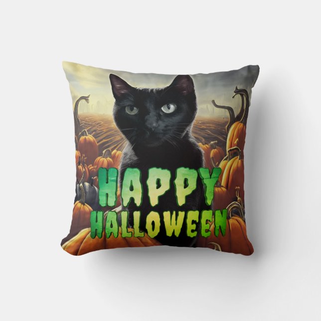 Coussin Chat noir & citrouilles (Recto)