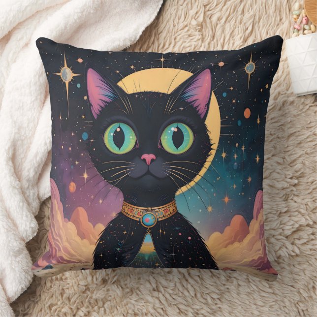 Coussin Chat noir cosmique futuriste atomique en clair de  (Couverture)