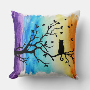 Coussin Chat noir dans l'arbre Silhouette arc-en-ciel Aqua