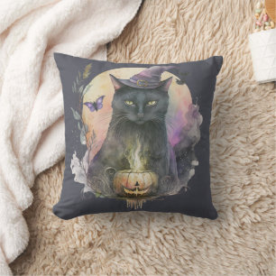 Coussin Chat noir dans un chapeau de sorcière gris céleste