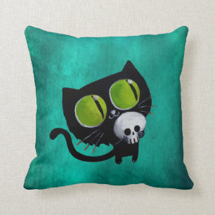 Coussin Chat noir de Halloween avec le crâne