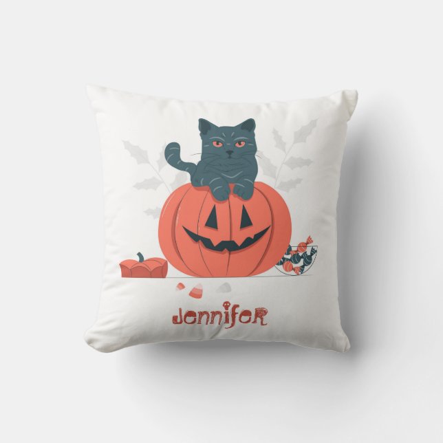 Coussin Chat noir d'Halloween assis sur le Citrouille (Recto)