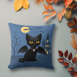 Coussin Chat noir d'Halloween Vampire avec des ailes