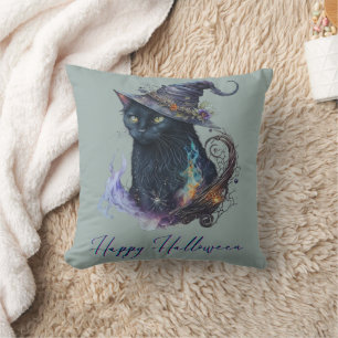 Coussin Chat noir en sorcières Casquette Vert Joyeux Hallo