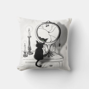 Coussin Chat noir gothique Miroir brisé Halloween