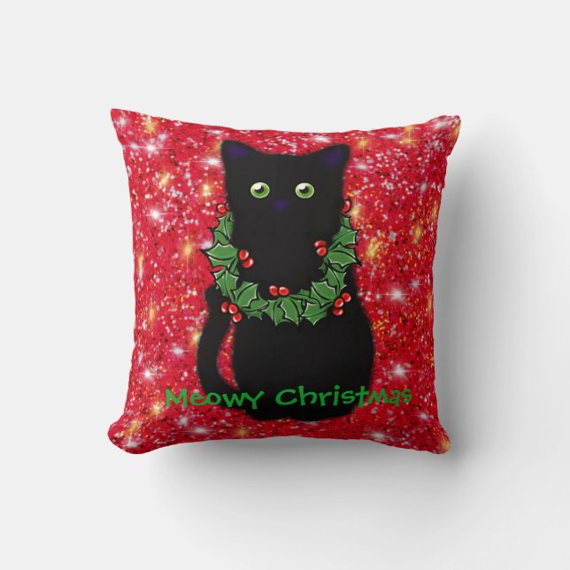 Coussin chat noir | Meowy Christmas | Holly garland (Recto)