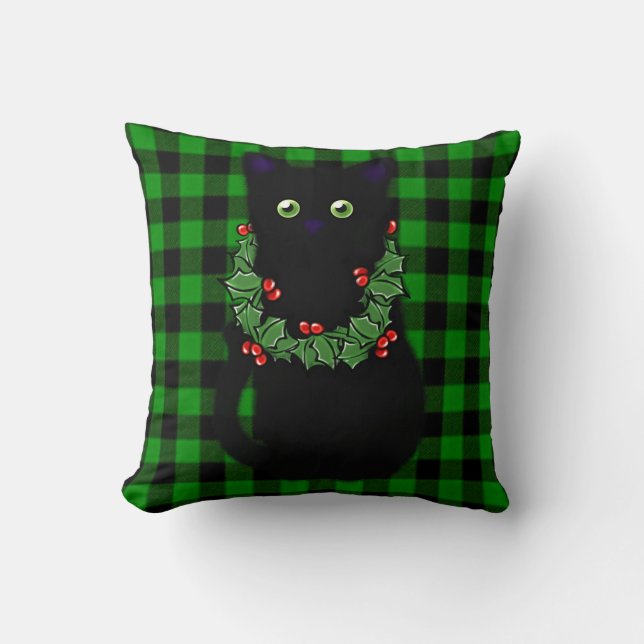 Coussin Chat noir mignon chaton noir vert noir plaid (Recto)