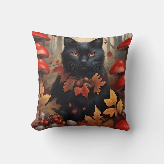 Coussin Chat noir mignon en forêt d'automne (Recto)