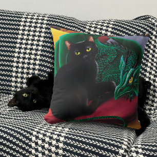 Coussin Chat Noir Mystique Émeraude Dragon Vert Fantastiqu