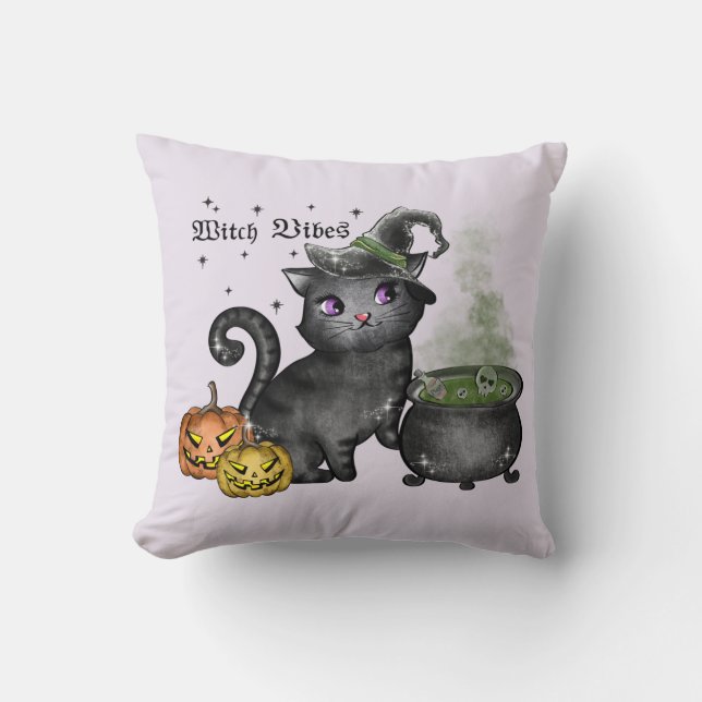 Coussin Chat noir sorcière | Vibes sorcières (Recto)