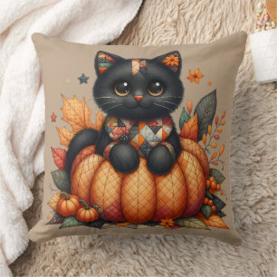 Coussin Chat noir sur Citrouille avec Motif de courtepoint