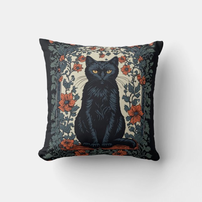Coussin Chat noir Vintage Floral (Recto)